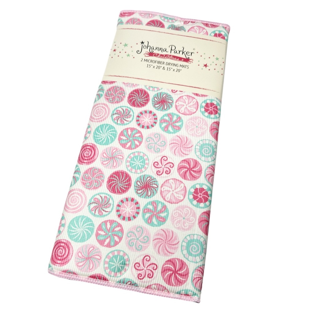 NEW Johanna Parker Christmas PINK PEPPERMINT CANDY SWIRL DESIGN Drying Mat Set/2
